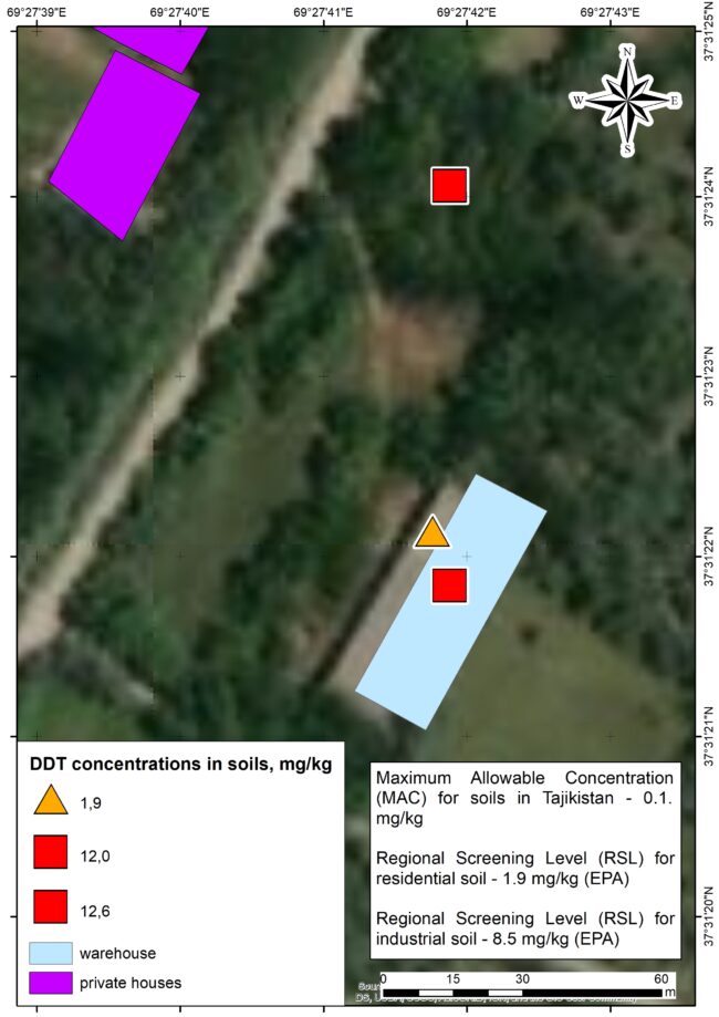 DDT soil contamination of Darkat Village in Tajikistan, map by Environmental Health and Pollution Management Institute, EHPMI, Peshsaf
