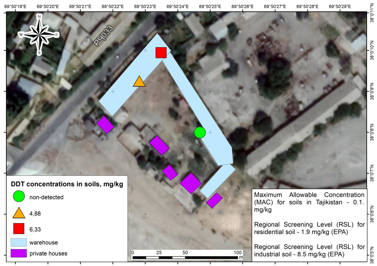 DDT soil contamination of Zikari Village in Tajikistan, map by Environmental Health and Pollution Management Institute, EHPMI, Peshsaf