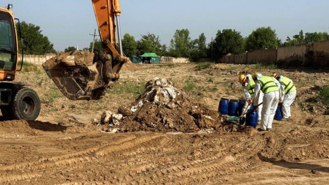 Workers filling drums with pesticides from the pile