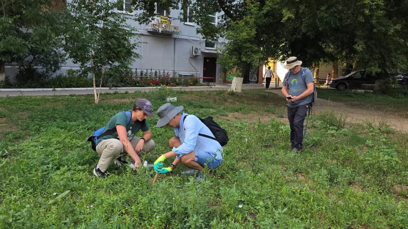 Researchers testing soil on a grassy area beside apartment buildings in Oskemen.